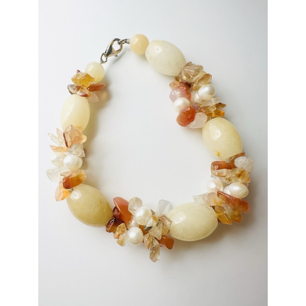 Sterling Silver Natural Gemstone Citrine Pearl Agate Bracelet 8.25”
